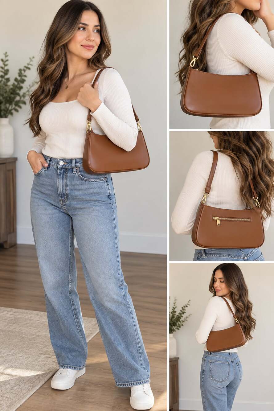 Brown Faux Leather Shoulder Bag with Zipper Pocket